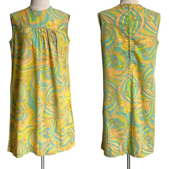 60s Psychedelic Mini Tent Dress Cotton Relaxed Mod Gogo Pastel Daisy Paisley. - Picture 1 of 7